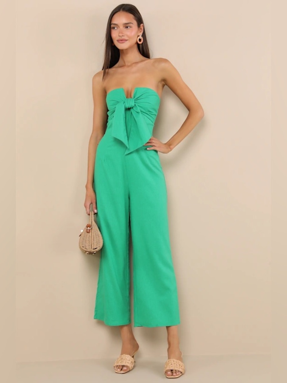 Lulu’s Sunshine Aura green Tie-Front strapless jumpsuit XS NWT